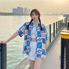 [Estilo Caliente Transfronterizo] Camisa de Manga Corta Estampada para Mujer en Verano, Nuevo Diseño Holgado, Top Estudiante con Solapa Única
