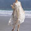 Vestido de verano nuevo de algodón y lino de alta calidad con estampado adelgazante de cintura blanca y hada