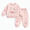 Conjunto de Roupa para Meninas Primavera e Outono Fofo Estampa de Coelho Moletom com Gola Redonda e Calça de Moletom Conjunto de Duas Peças Bebê Macio Casual Esportivo