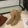 Botines Arrugados Acumulados de Piel Ante Maillard Cuadrados Retro con Plataforma Oculta para Mujer Otoño 2026 Botas Vaqueras Cortas