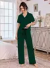 Amazon Sitio Independiente Conjunto de Ropa de Casa Estilo Europeo y Americano con Solapa Manga Corta Pantalón Largo Pijama Bordado para Mujer, Comercio Exterior Tela Tipo Algodón 180g