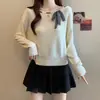 Suéter Top Simples Curto de Manga Longa com Gola com Design de Laço Color Block Xadrez Novo Outono para Mulheres Plus Size