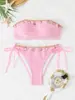 Bikini strapless estilo europeo y americano con decoraciones de conchas, encaje, cordones laterales, adecuado para traje de baño de costa, playa, vacaciones y aguas termales.