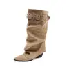 Botas Altas de Punta Puntiaguda Estilo Chica Picante Americana Post-apocalíptica 2026 Nuevas Botas Holgadas de Caña Ancha Tacón Grueso Botas para Pierna de Pantalón Estilo Western