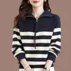 Suéter de malha com zíper e gola alta listrado estilo coreano transfronteiriço, novo outono e inverno, color-blocking vintage, modelagem solta, emagrecedor, pulôver casual