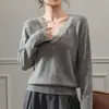 Nuevo Estilo Primavera y Verano Jersey de Punto para Mujer con Cuello en V, Parches de Encaje, Manga Larga, Color Sólido, Mezcla de Lana y Cachemir, para Usar en Capas