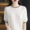 Tejido de Algodón Puro, Cómodo y Transpirable, Cuello de Bloque de Color en Forma de Diamante, Estilo Artístico Retro, Ropa Interior para Primavera y Otoño, Camiseta Básica de Punto para Mujer