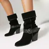 2026 Nuevas Botas de Tacón Alto Grueso Color Sólido de Corte Bajo Estilo Europeo y Americano para Otoño/Invierno Talla Grande con Hebilla de Cinturón