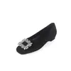 Tacones Altos Elegantes Negros de Terciopelo Estilo Chanel con Pedrería, Nuevos Zapatos de Moda Coreana con Tacón Grueso y Boca Baja para Mujer