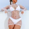 Ropa Sexy de Malla Hueca Transparente de Importación Transfronteriza Europea y Americana, Atractivo Vestido Bodycon Ajustado de Manga Larga de Alta Elasticidad, Atuendo Sexy para Chica Caliente