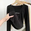 Blusa Térmica de Manga Longa com Dupla Face para Mulheres, Design Outono e Inverno, Camiseta Regular com Ombro Caído e Manga Longa, Top Curto Petite