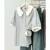 Camisa de Manga Corta a Rayas de Colores con Cuello de Muñeca Adelgazante Nueva de Verano 2026 para Mujeres de Tallas Grandes 0074