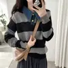 Estilo Coreano Estilo Academia Cuello de Mezclilla Tejido de Punto Rayado Blanco y Negro para Mujer Otoño Invierno Transfronterizo Nuevo Estilo Bloque de Color Versátil Suéter Adelgazante