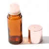 Botella dispensadora de aceite de ricino de vidrio ámbar de 50 ml, botella aplicadora roller de jade cristal rosa natural, botella aplicadora roller de cuarzo rosa