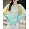 Nuevo suéter de lana con cuello redondo y degradado estilo perezoso para mujer, corte holgado, top de punto cepillado, suéter de punto suave y cómodo para otoño e invierno