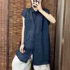 Blusa Camisa Gola Manga Curta Cor Sólida Retro Artística de Algodão e Linho, Novo Cardigan Sem Mangas Estilo Verão para Mulheres