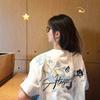 Playera de Manga Corta con Bordado de Letra Floral Azul para Mujer Diseño de Verano Nicho Marca de Moda Nacional Americana Retro Algodón Puro Top