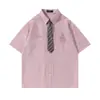 Camisa Masculina de Sarja com Listras Verticais de Manga Curta, Tendência Estilo Americano Versátil de Verão com Gola Reversível, Camisa Solta