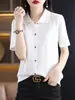 Cardigan camisa elegante de color liso con solapa estilo coreano, suelto, adelgazante, para commuting, algodón, camiseta de punto de manga corta para mujer