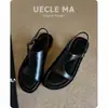 Couro de Cabra Super Macio ~ Sandálias de Solado Grosso para Uso Externo de Verão Feminino, Sapatos Romanos Versáteis Casuais Retrô da Moda com Solado Macio