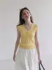 Estilo Coreano Cuello en V con Cordones Tejido Hueco Mangas Cortas Abullonadas Verano para Mujer Crop Top Ceñido a la Cintura Adelgazante Sin Mangas Top de Seda de Hielo 10620