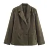 Fabricantes Mayoristas de Ropa para Mujer Transfronterizos Nueva Moda 2025 Blazer Verde de Ante y Cuero de Doble Botonadura