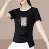 2026 Nuevo Modelo Camiseta de Manga Corta para Mujer de Comercio Exterior, Corte Holgado, Tallas Grandes, Adelgazante, Cubre Vientre, Top Estampado de Media Manga