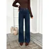 Jeans acampanados bordados azules exquisitos para mujer, un popular estilo nuevo de otoño, elásticos, cómodos, adelgazantes y de corte recto versátil