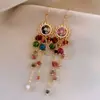 Brincos Étnicos Estilo Retrô com Flor de Zircônia e Franjas com Pedras Coloridas, Brincos de Luxo Leve de Alta Qualidade, Novos Acessórios de Orelha da Moda Tendência
