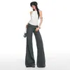 ¡OOTD del día 26!|Pantalones de Traje Grises de Tiro Bajo Acampanados para Mujer con Diseño de Cinturón Ancho, Pantalones Bootcut Casuales Adelgazantes