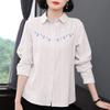 Mãe de Meia-Idade 2025 Nova Camisa Solta com Lapela de Manga Comprida Feminina Verão Manga Curta Pulôver Estampado com Emenda