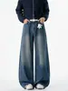 Jeans Azules Vintage de Pierna Ancha para Hombre, Estilo Primavera y Otoño, Marca de Moda, Elegantes para Hombres Altos y Corpulentos, Corte Holgado con Dobladillo Deshilachado