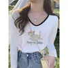 Camiseta de Manga Larga con Bloques de Color y Cuello en V de Algodón Puro para Mujer, Otoño 2026, Moderna, Versátil, Casual, Rejuvenecedora, Adelgazante, Prenda Base, Tendencia