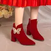 Zapatos de boda de invierno para mujer 2024 modelo nuevo, zapatos de novia de invierno, botines de tacón alto, vestido de novia Xiuhe, botas rojas de tacón grueso