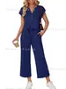 Comercio Exterior Transfronterizo Europeo y Americano Primavera y Verano Nuevo Estilo Color Sólido Cuello en V Pequeño Botón Manga Corta Traje Cómodo Casual Conjunto de Dos Piezas para Mujer