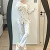Pijama Feminino Estilo Coreano com Gola Redonda e Estampa de Estrela do Mar, Conjunto Cardigan de Manga Longa e Calça Longa para Primavera e Outono, Conjunto Cozy para Casa