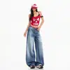 Jeans Americano Retrô de Perna Larga para Mulheres, Novo Estilo, Emagrecedor, Design Solto, Perna Reta, Comprimento Total, Versátil e Confortável