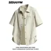 Camisa de Verano para Hombre de Fabricante Transfronterizo Estilo Delgado Cuello Campana Camisa de Cuadros de Burbujas Camisa Casual de Manga Corta Holgada de Moda para Hombre