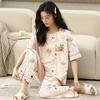 Pijama Ins Style Coreano para Mulheres, Algodão de Imitação, Gola Redonda, Manga Curta, Calça Longa, Estilo Pastoral de Verão, Conjunto Doce para Casa de Estudante
