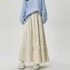 Foto Real de Falda de Terciopelo Patchwork con Bordes Fruncidos para Mujer, Nueva Falda de Cintura Alta Adelgazante de Longitud Media Corte A para Otoño e Invierno 2024