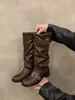 Botas de salto alto, estilo retrô, de cano até o tornozelo, marrons, botas de montaria de cano longo, sapatos femininos, nova coleção outono/inverno 2024, botas de comprimento médio