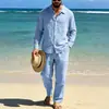 Conjunto de Camisa de Linho Masculina de Manga Longa com Colarinho e Calça Reta - Estilo Americano, Primavera/Outono, Solto, Praia, Casual, para o Dia a Dia, Transfronteiriço