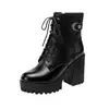 Botas Martin de Couro Macio com Salto Grosso Femininas 2026 Outono/Inverno Novas Botas de Cano Médio com Salto Alto Cadarço Impermeáveis Plataforma Solado Grosso Botas de Cano Curto com Pelúcia