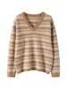 Suéter de Punto de Cachemir Estilo Perezoso Otoño e Invierno para Mujer Cuello en V Rayas Holgado Aspecto Adelgazante Punto Engrosado Punto de Color Contrastante