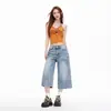 Jeans Acampanados Cortos Estilo Americano para Mujer, Verano 2026, Corte Holgado, Adelgazantes, Versátiles, Pantalones Rectos de Largo Medio, Azul Claro