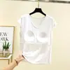 Top de Camiseta sin Mangas Fina de Modal para Mujer en Verano con Almohadillas en el Pecho, Chaleco de Cuello en V, Talla Grande, Adelgazante, Ropa de Casa sin Sujetador