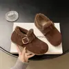 Mules de mujer sin cordones con plataforma gruesa, con aumento interno de altura, cálidas, estilo retro con correa de cuero, forro de felpa, color café, otoño/invierno 2026