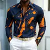 Nueva camisa de manga larga para hombre con base azul y estampado de salpicaduras naranja-amarillas, diseño audaz y llamativo, versátil para ir al trabajo