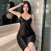Pijama Sexy Escote en V Estilo Francés Seda de Hielo Camisón de Tirantes Verano para Mujer Puro Deseo Negro Vestido Largo Tentación Ropa Exterior Ropa para el Hogar