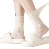 Calcetines de Encaje Finos con Volantes para Mujer, Calcetines Holgados Florales de Media Pantorrilla, Calcetines Negros y Blancos Florales de Malla Calada Mary Jane